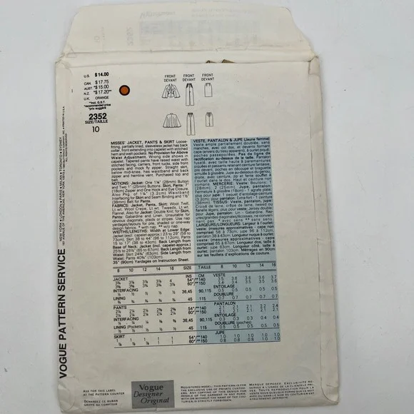 Vogue Individualist 2352 Issey Miyake 80s Jacket Pants Skirt Sewing Pattern Sz10 Arts & Crafts